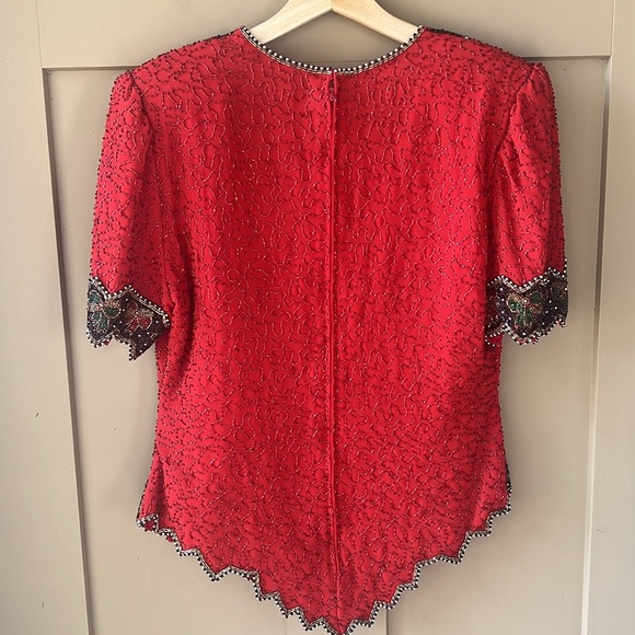 Vintage Laurence Kazar Sz M Allover Sequin Red Holiday Bow Novelty Trim Blouse - Picture 11 of 14